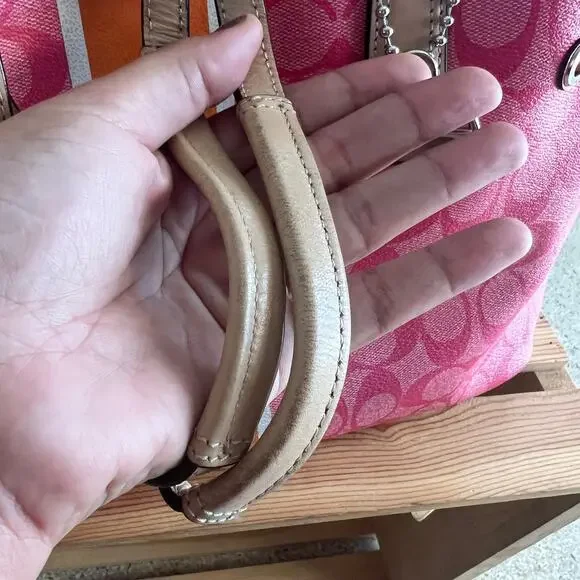 Coach Pink Signature Stripe Tote Bag Orange Trim Leather Handbag - Picture 10 of 14